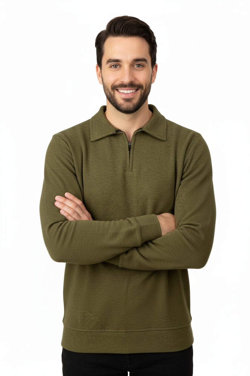 Erkek Kışlık Kazak Pamuklu Dokuma Yarım Fermuarlı Polo Yaka Uzun Kollu Düz Renk Rahat Kesim